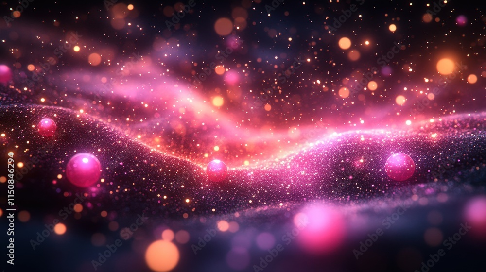 Fototapeta premium Abstract pink and purple glowing particles wave background.