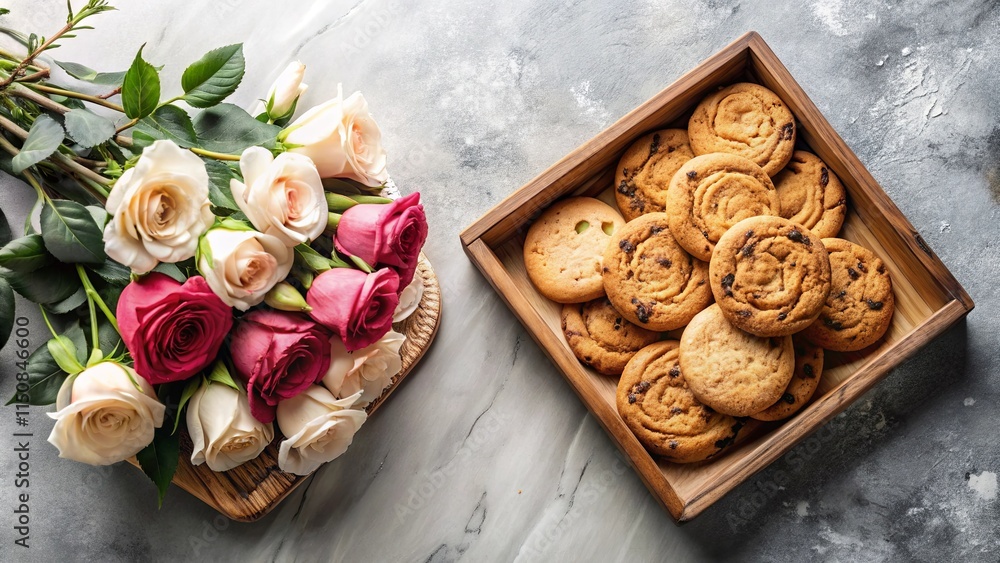 Fototapeta premium A bouquet of roses and a wooden box of freshly baked cookies on a marble surface