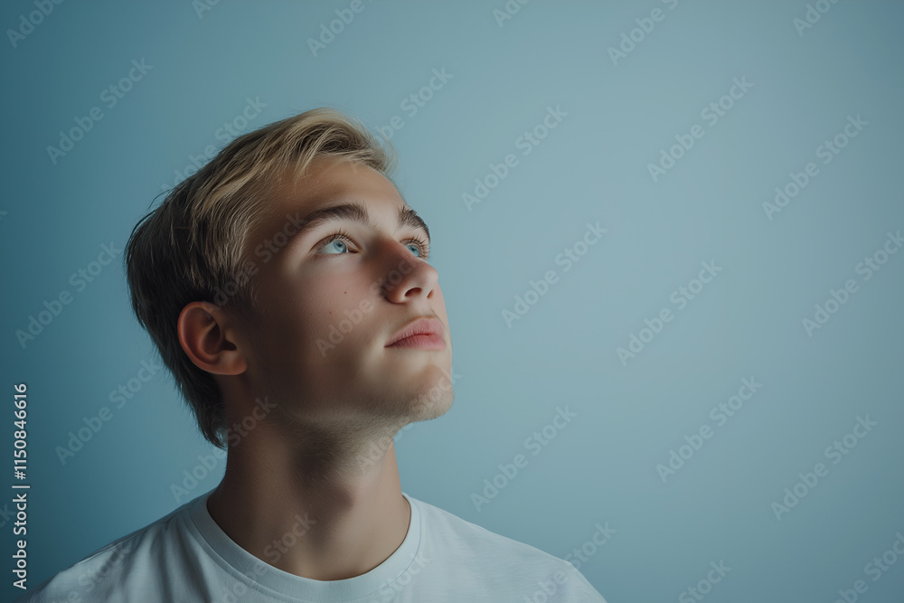 A thoughtful young man looking into the distance on a light blue backdrop