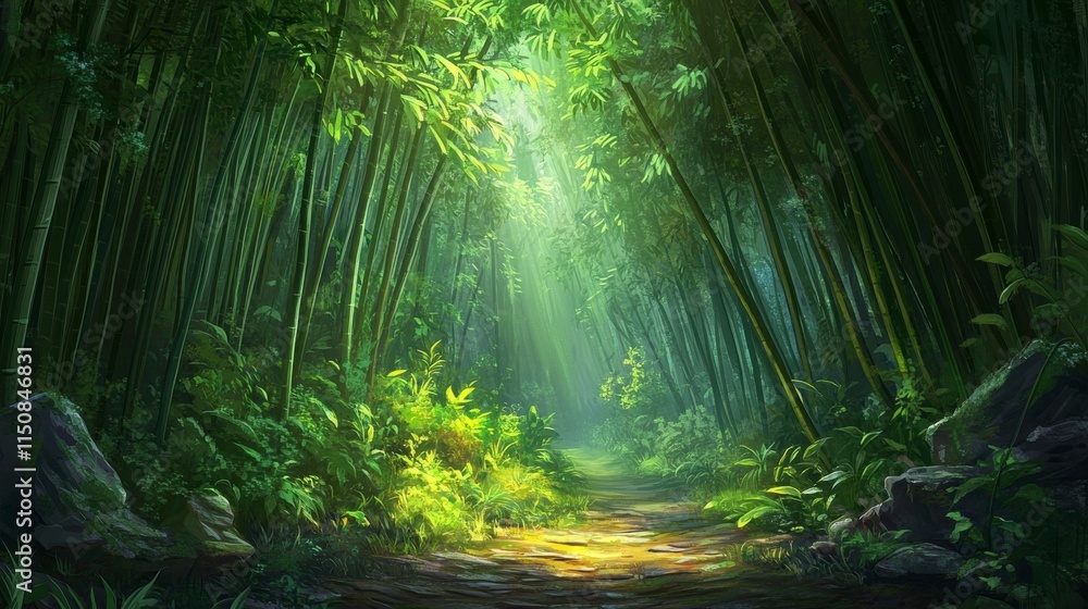 Obraz premium Serene Bamboo Forest with Sunlight Filtering Through the Canopy, Lush Greenery, Peaceful Pathway, and Mysterious Atmosphere Inviting Nature Lovers