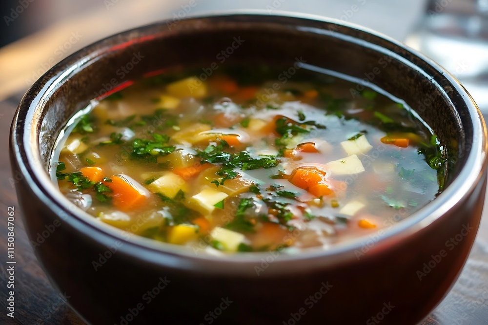 Bowl of Vegetable soup on wooden table, closeup. Bowl of Vegetable soup on wooden table, closeup.