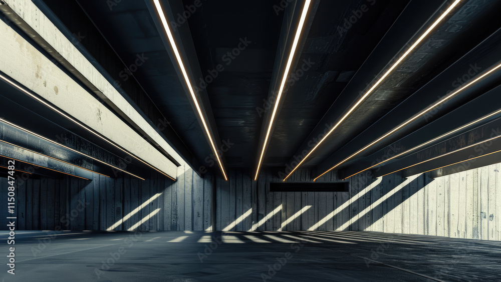 Fototapeta premium Modern Industrial Interior with Linear Lighting and Shadows