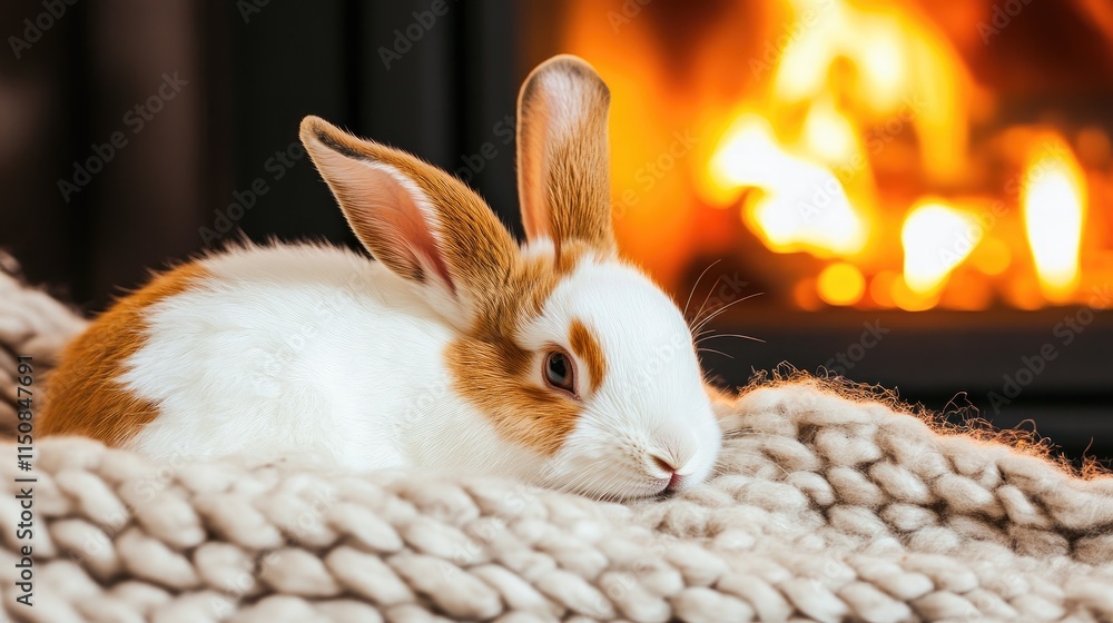 Fototapeta premium Cute bunny resting on cozy blanket near warm fireplace glow