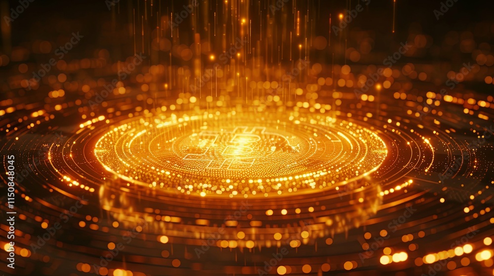Golden Bitcoin Symbol in a Circular, Glowing, Technological Design Golden Bitcoin Symbol in a Circular, Glowing, Technological Design
