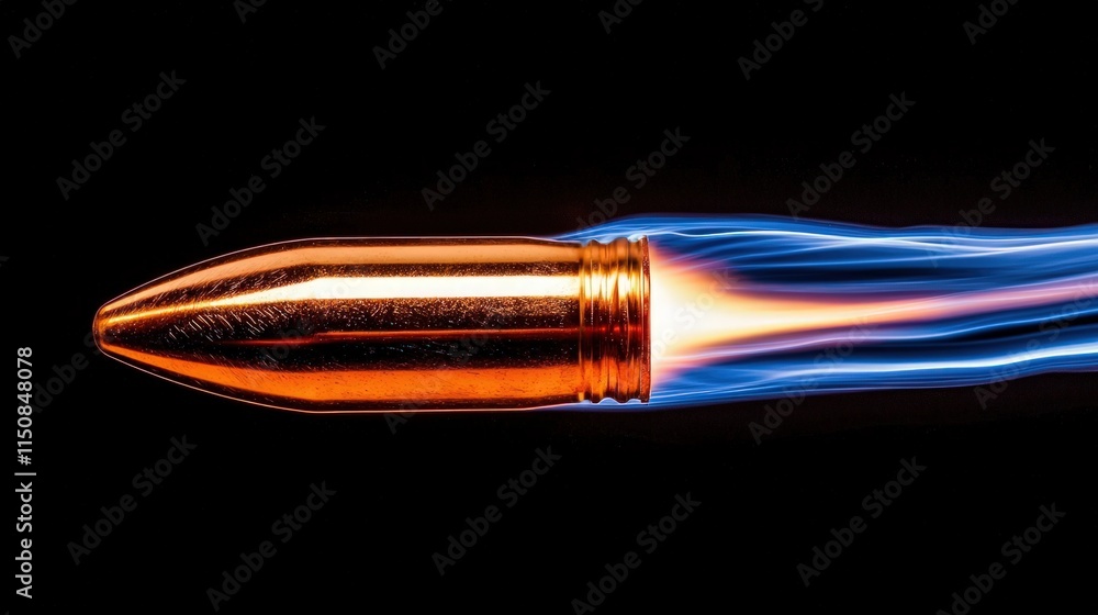 Bullet in flight with fiery trail. Bullet in flight with fiery trail.