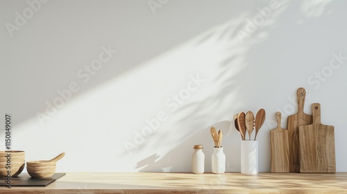 Minimalist Kitchen Counter with Wooden Utensils and Cutting Boards