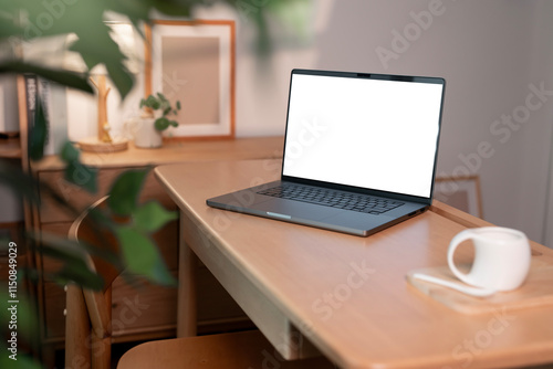 Wallpaper Mural Open laptop with blank screen on a wooden desk in a cozy room home office Torontodigital.ca