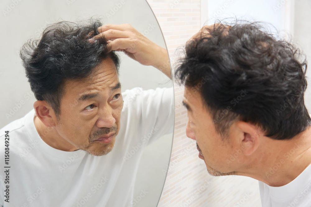 Fototapeta premium 鏡を見て白髪に悩む50代の男性