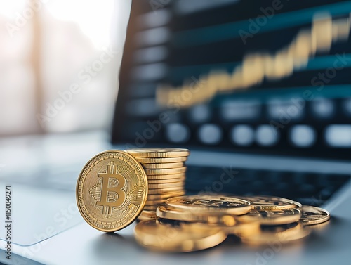 bitcoin, bitcoin coins lie near laptop, digital money, cryptocurrency, electronic currency, cryptocurrency mining, cryptoeconomics, blockchain technology photo