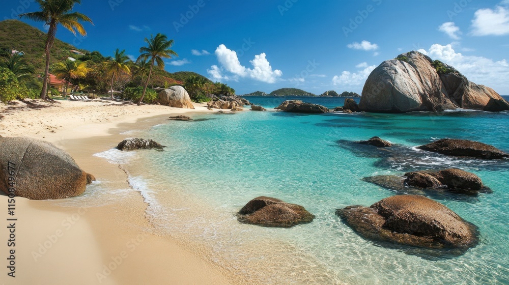 Obraz premium Serene Tropical Beach with Clear Water and Rocky Outcrops