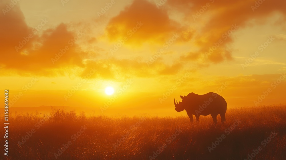 Silhouetted rhino at sunrise in savanna. Silhouetted rhino at sunrise in savanna.