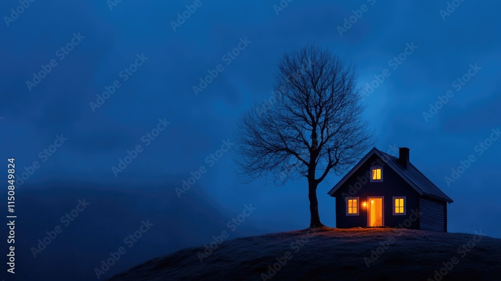 Solitary house with lit windows beside bare tree on hill at dusk Solitary house with lit windows beside bare tree on hill at dusk