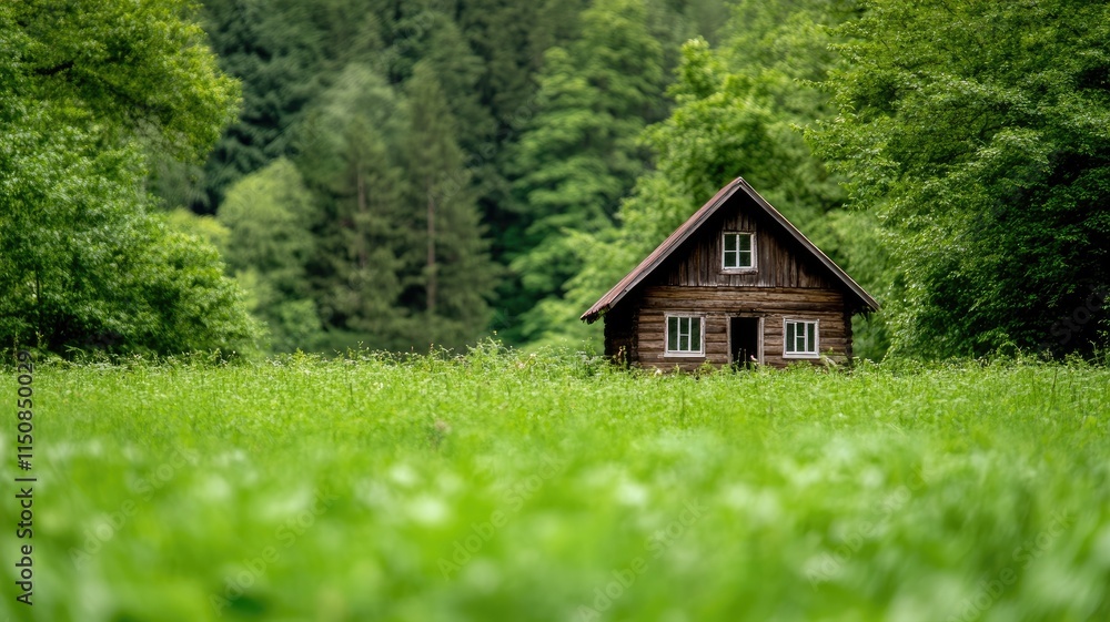 Wooden cabin sits amidst lush greenery with forest background Wooden cabin sits amidst lush greenery with forest background