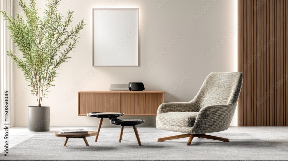 custom made wallpaper toronto digitalCozy Living Room with Armchair and Coffee Tables - 3D Rendering