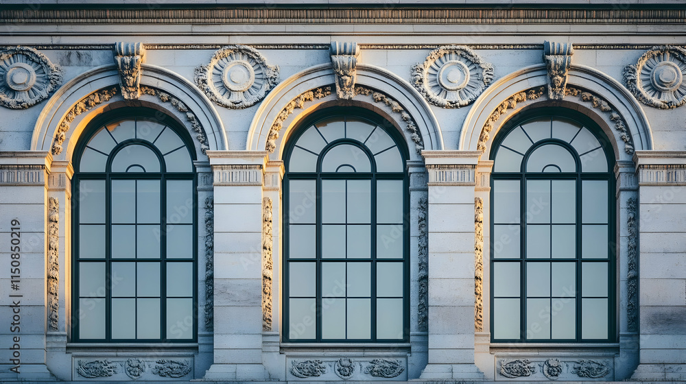 Elegant Architectural Photo: Ornate Stone Facade with Arch Windows Elegant Architectural Photo: Ornate Stone Facade with Arch Windows