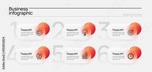 Business infographic template. Layout of instruction or strategic business plan with 6 steps and icons. Design for presentation, banner and flow chart. Vector illustration
