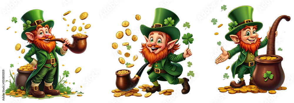 Cheerful Leprechauns Dressed in Green with Gold and Shamrocks Celebrating Irish Luck isolated on a white background Cheerful Leprechauns Dressed in Green with Gold and Shamrocks Celebrating Irish Luck isolated on a white background