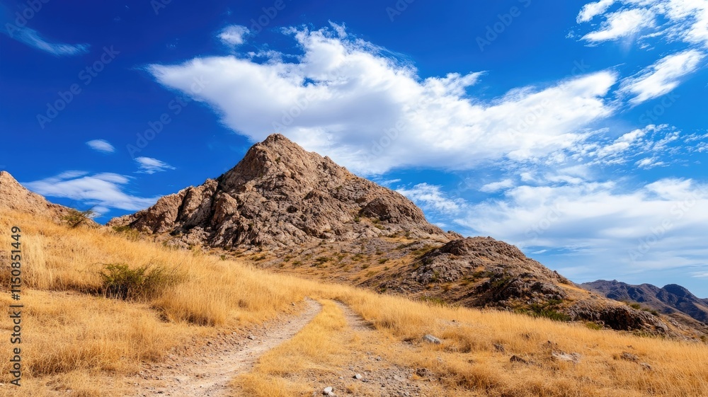 Rugged, dry mountain with grassy paths under bright blue sky clouds Rugged, dry mountain with grassy paths under bright blue sky clouds