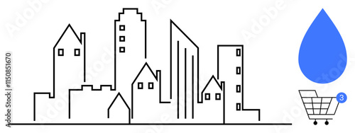 Black line cityscape with various building silhouettes next to blue water droplet icon and shopping cart with three notifications. Ideal for sustainability, urban planning, ecommerce, environmental