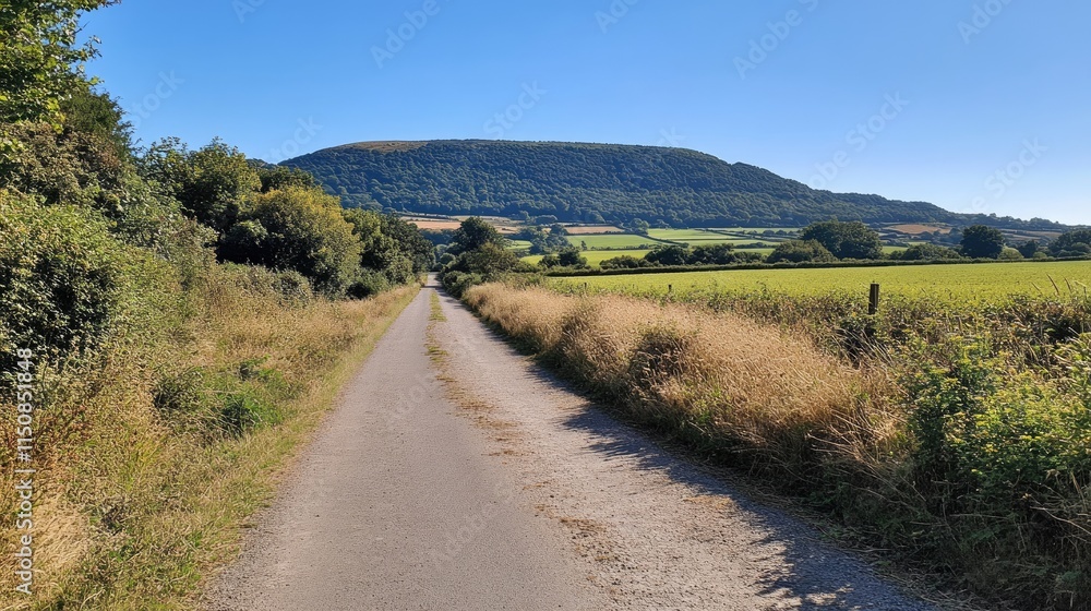 Serene Country Road Leading to Mountain Under Clear Blue Sky Serene Country Road Leading to Mountain Under Clear Blue Sky