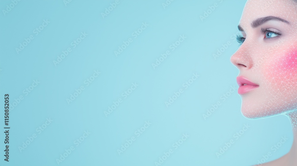 Naklejka premium Digital Art Portrait of Woman with Futuristic Glowing Network Wires on Face Against Light Blue Background