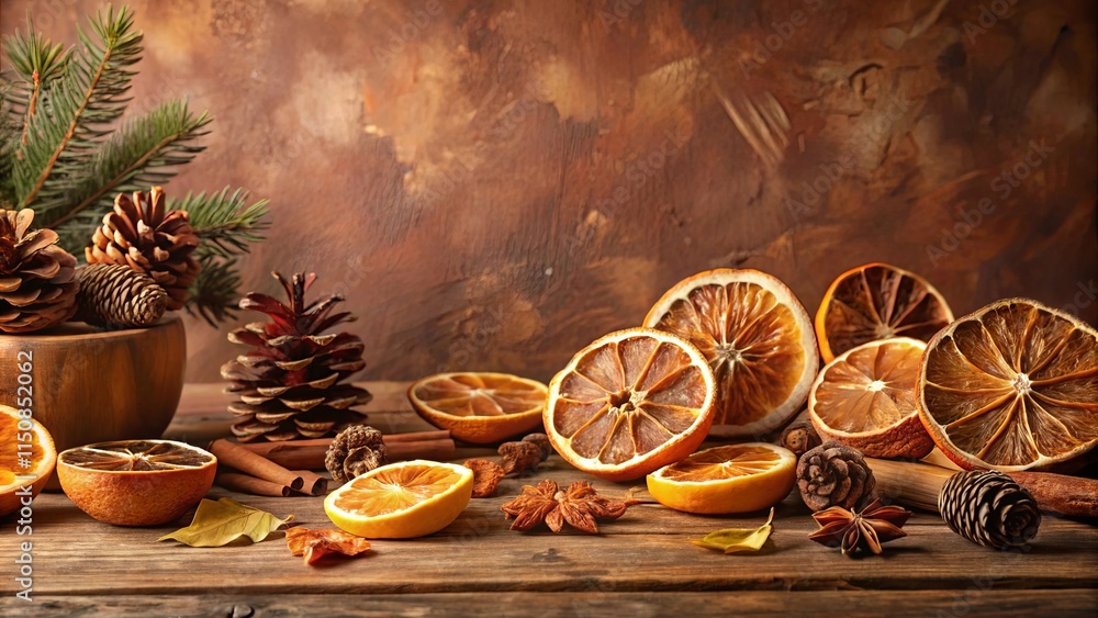 Aromatic Winter Arrangement of Dried Citrus Slices, Pine Cones, and Cinnamon Sticks on Rustic Wood Aromatic Winter Arrangement of Dried Citrus Slices, Pine Cones, and Cinnamon Sticks on Rustic Wood