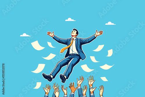 Uplifting Success, Joyful Colleagues Celebrate by Tossing Their Happy Boss into the Air