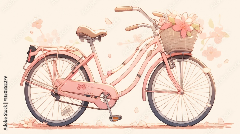 Fototapeta premium Pink bicycle, flower basket, springtime scene.