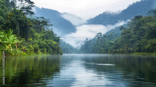 Serene Misty Lake Surrounded by Lush Green Mountains and Forest