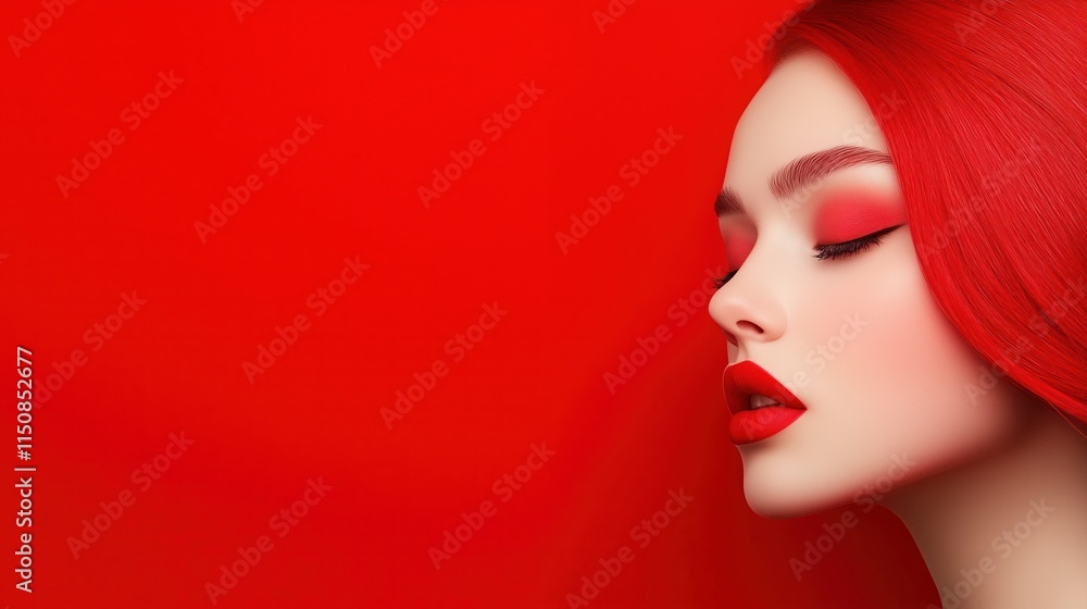 Elegant Portrait of a Redhead Woman with Vibrant Red Hair and Makeup Against a Bright Red Background, Emphasizing Beauty, Fashion, and Bold Color Scheme in a Minimalist Style Elegant Portrait of a Redhead Woman with Vibrant Red Hair and Makeup Against a Bright Red Background, Emphasizing Beauty, Fashion, and Bold Color Scheme in a Minimalist Style