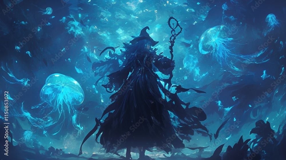 Obraz premium Dark wizard surrounded by glowing jellyfish.