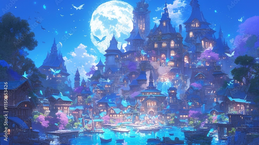 Enchanting fantasy town at night, illuminated buildings, moonlit harbor, magical atmosphere. Enchanting fantasy town at night, illuminated buildings, moonlit harbor, magical atmosphere.