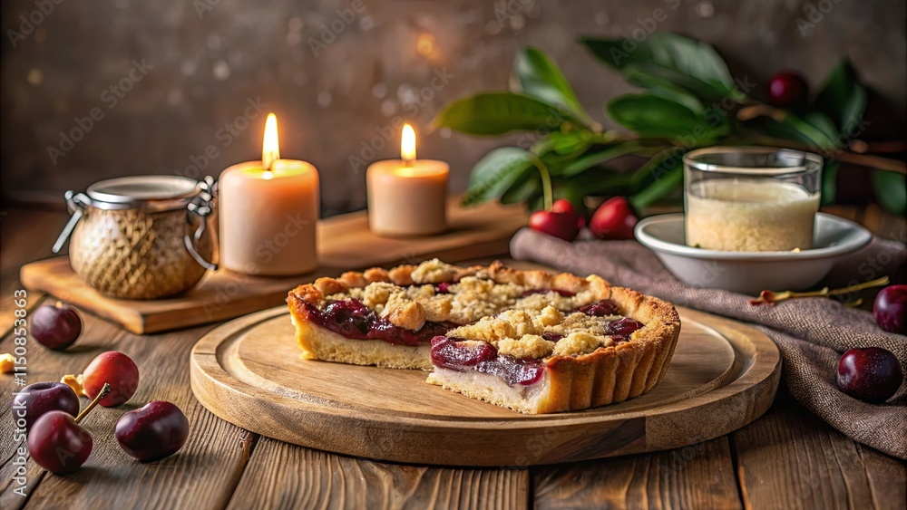 Warm Evening with Crumble Cherry Tart and Candles Warm Evening with Crumble Cherry Tart and Candles