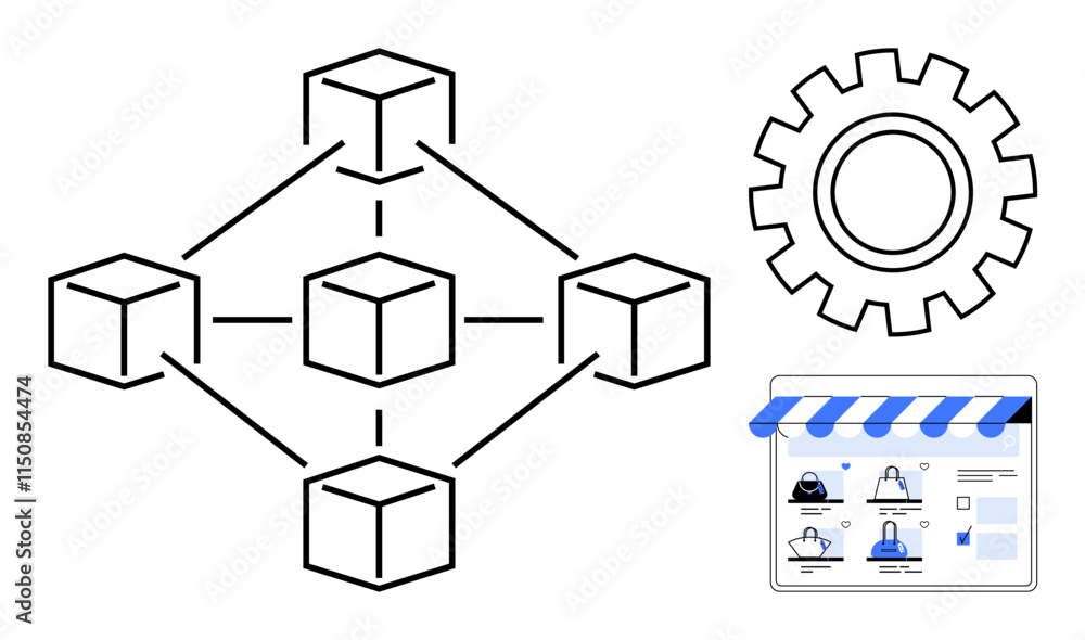 Blockchain network diagram with interconnected nodes, a gear icon, and an online store interface. Ideal for tech, business, e-commerce, digital transactions, blockchain, network infrastructure