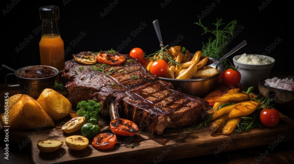 Grilled Steak with Potatoes, Tomatoes, and Herbs on a Wooden Board Grilled Steak with Potatoes, Tomatoes, and Herbs on a Wooden Board