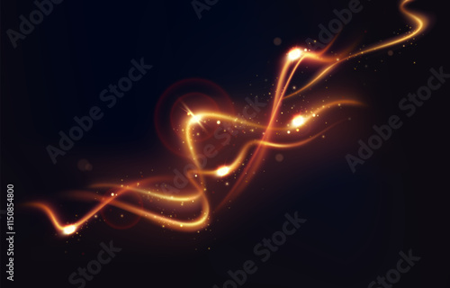 Magic golden wind with shining dust and flashes. Festive banner with shiny golden comet, sparkling stars and bokeh particles. Design for postcard. Realistic vector illustration