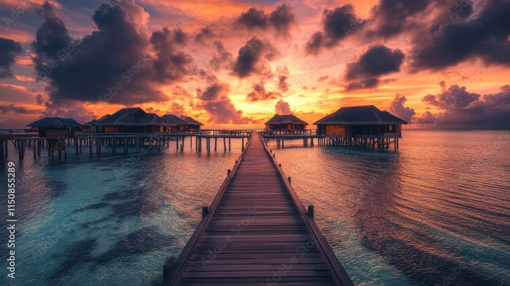 A wooden pier leads to an exotic resort A wooden pier leads to an exotic resort