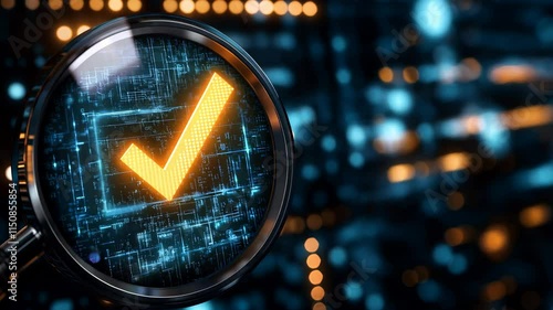 A glowing orange checkmark under a magnifying glass over a digital interface, symbolizing approval, verification, and technological accuracy.