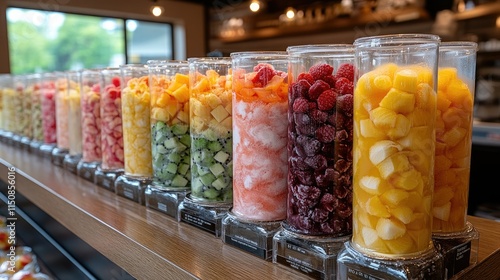 Colorful frozen fruit cubes in transparent dispensers on a wooden shelf. photo