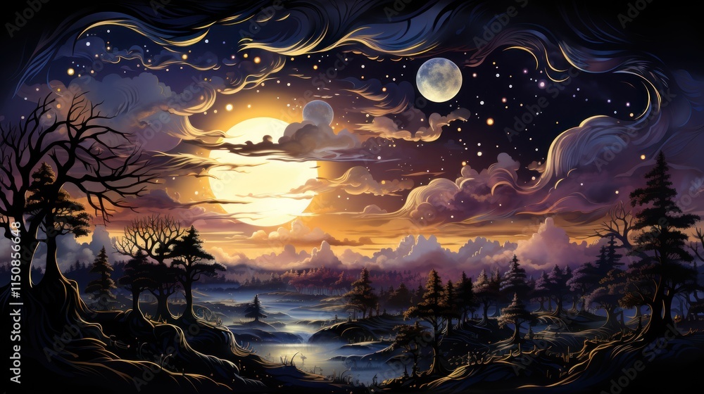 Obraz premium Dreamlike forest landscape, celestial bodies, swirling clouds.