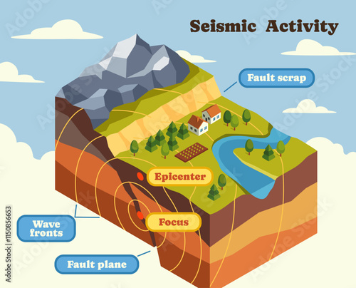 Seismic activity. Educational infographic or diagram with earthquake epicenter. Outdoor natural scene with two moving plates. Isometric 3D vector illustration