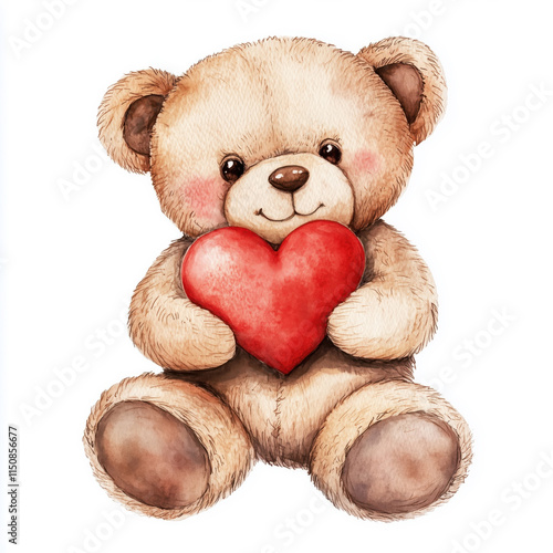 Watercolor illustration of a stuffed toy of a beige teddy bear holding a red heart