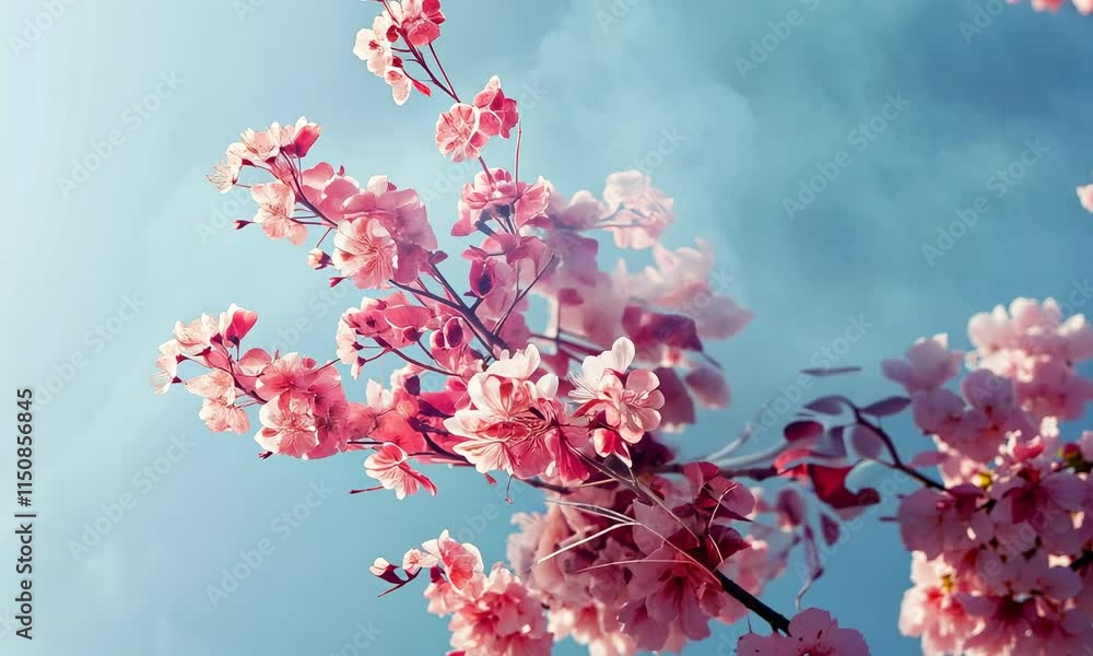 Pink cherry blossoms with swirling blue smoke on light background Pink cherry blossoms with swirling blue smoke on light background