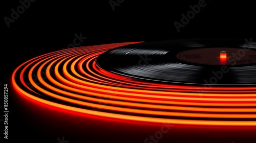 Spinning vinyl record with glowing orange light trails on black background.