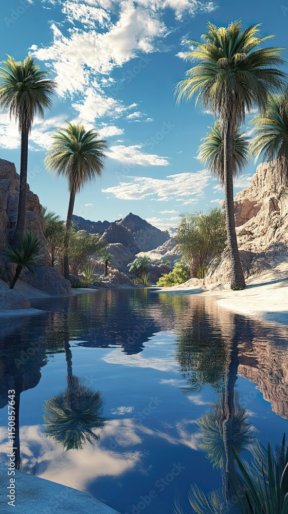 Obraz premium Serene Oasis Reflecting Mountains And Palms