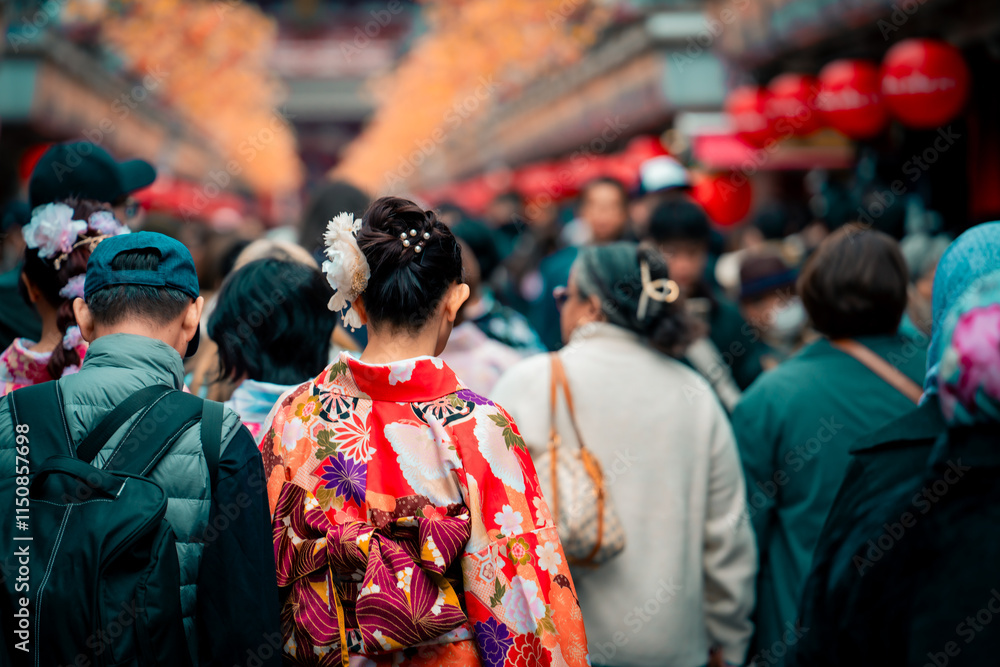 Young girl wearing Japanese kimono standing in front of Sensoji Temple in Asakusa Tokyo, Japan. Kimono is a Japanese traditional garment. Young girl wearing Japanese kimono standing in front of Sensoji Temple in Asakusa Tokyo, Japan. Kimono is a Japanese traditional garment.