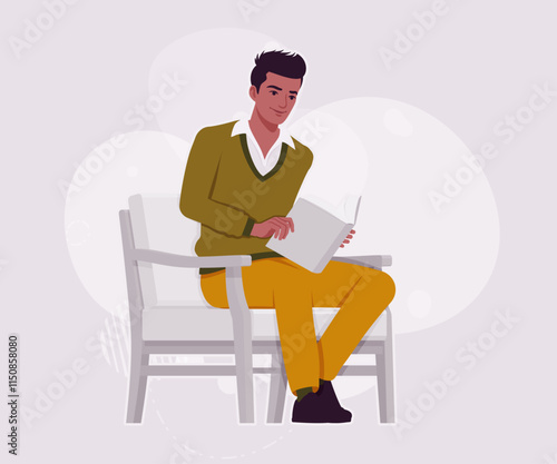 Handsome dark skin young businessman book reading pose. Guy in sweater modern casual look, authentic pakistani indian male model. Vector flat style cartoon illustration on creative background color