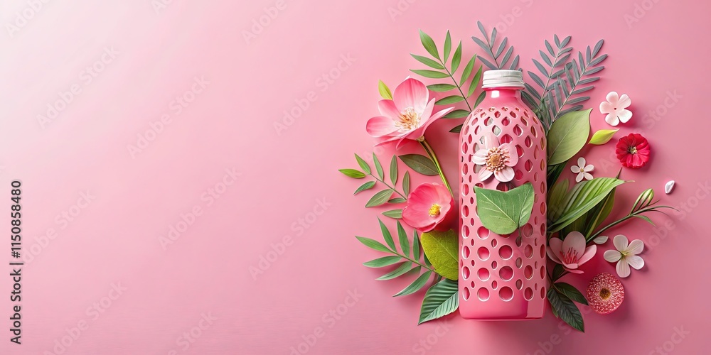Pink bottle surrounded by lush foliage and delicate blossoms on a pink background Pink bottle surrounded by lush foliage and delicate blossoms on a pink background
