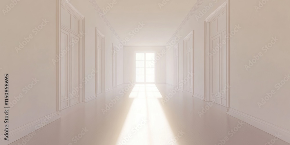 Bright sunlit hallway with doors. Bright sunlit hallway with doors.
