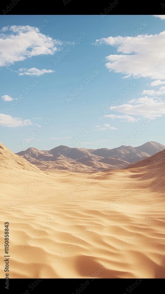 Naklejka premium Sandy desert landscape with distant mountains under a blue sky